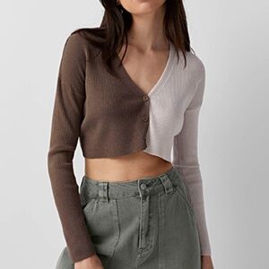 Brown and cream two-tone ribbed cropped V-neck soft cardigan NWT